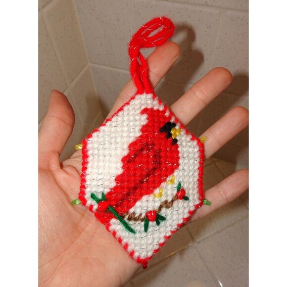 Handmade Plastic Canvas Cardinal 3D Christmas Ornament holly cross stitch holly - Picture 7 of 9